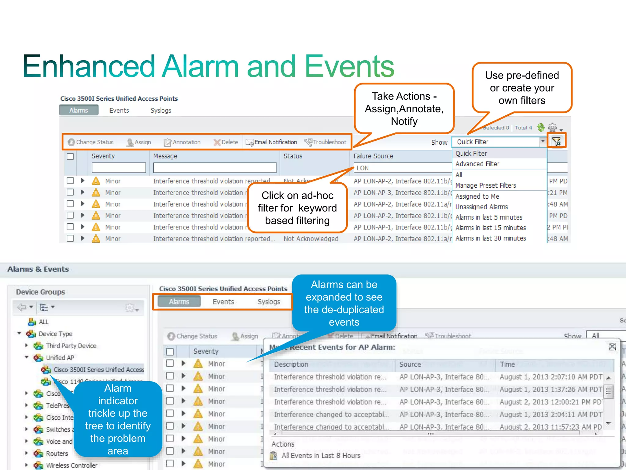 © 2010 Cisco and/or its affiliates. All rights reserved. 27
Alarm
indicator
trickle up the
tree to identify
the problem
area
Alarms can be
expanded to see
the de-duplicated
events
Use pre-defined
or create your
own filters
Click on ad-hoc
filter for keyword
based filtering
Take Actions -
Assign,Annotate,
Notify
 