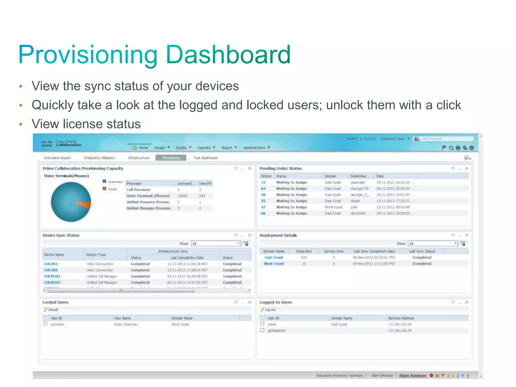 • View the sync status of your devices
• Quickly take a look at the logged and locked users; unlock them with a click
• View license status
 