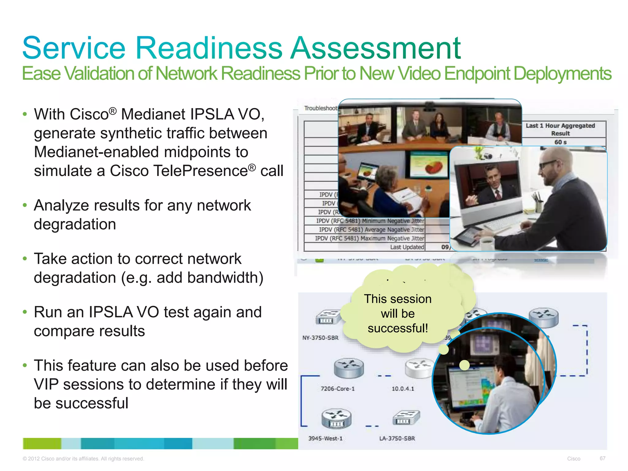 © 2012 Cisco and/or its affiliates. All rights reserved. Cisco 67
EaseValidationofNetworkReadinessPriortoNewVideoEndpointDeployments
• With Cisco® Medianet IPSLA VO,
generate synthetic traffic between
Medianet-enabled midpoints to
simulate a Cisco TelePresence® call
• Analyze results for any network
degradation
• Take action to correct network
degradation (e.g. add bandwidth)
• Run an IPSLA VO test again and
compare results
• This feature can also be used before
VIP sessions to determine if they will
be successful
I need to
add
bandwidth!
This session
will be
successful!
 