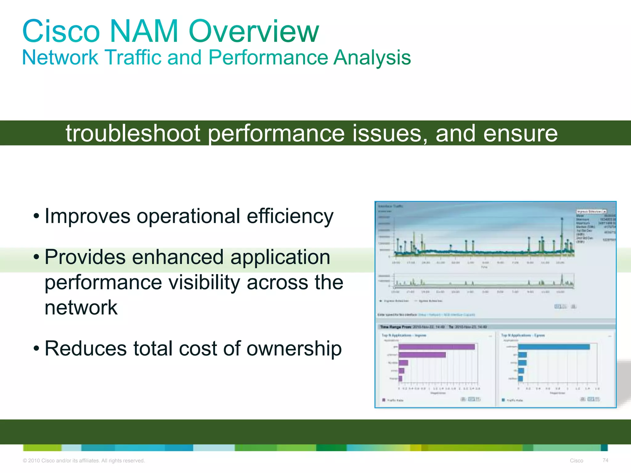 © 2010 Cisco and/or its affiliates. All rights reserved. Cisco 74
Deliver network visibility to optimize resources,
troubleshoot performance issues, and ensure
consistent end-user experience
• Improves operational efficiency
• Provides enhanced application
performance visibility across the
network
• Reduces total cost of ownership
 