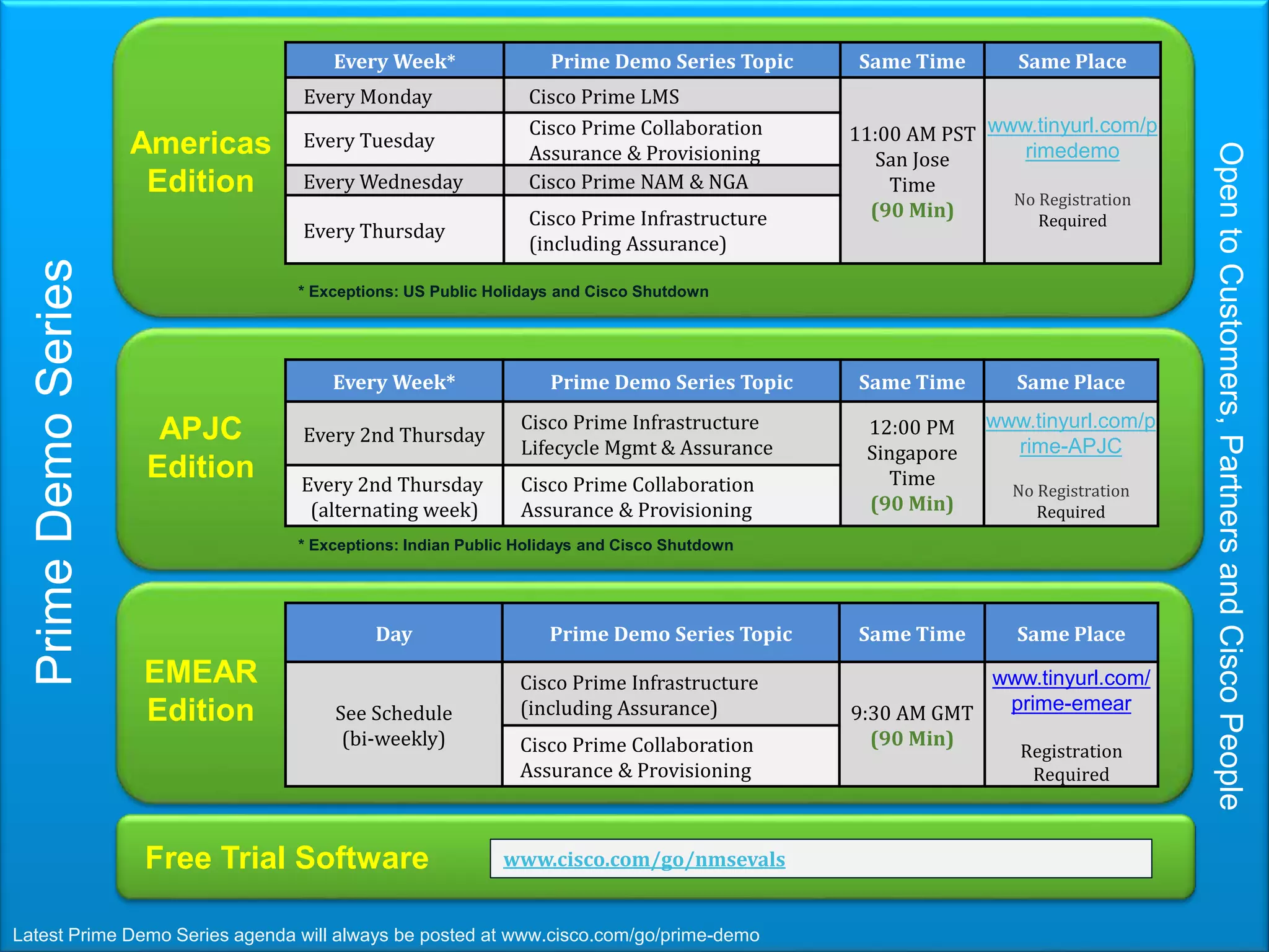© 2012 Cisco and/or its affiliates. All rights reserved. 84
Every Week* Prime Demo Series Topic Same Time Same Place
Every Monday Cisco Prime LMS
11:00 AM PST
San Jose
Time
(90 Min)
www.tinyurl.com/p
rimedemo
No Registration
Required
Every Tuesday
Cisco Prime Collaboration
Assurance & Provisioning
Every Wednesday Cisco Prime NAM & NGA
Every Thursday
Cisco Prime Infrastructure
(including Assurance)
Americas
Edition
EMEAR
Edition
Day Prime Demo Series Topic Same Time Same Place
See Schedule
(bi-weekly)
Cisco Prime Infrastructure
(including Assurance) 9:30 AM GMT
(90 Min)
www.tinyurl.com/
prime-emear
Registration
Required
Cisco Prime Collaboration
Assurance & Provisioning
PrimeDemoSeries
* Exceptions: US Public Holidays and Cisco Shutdown
Free Trial Software www.cisco.com/go/nmsevals
APJC
Edition
Every Week* Prime Demo Series Topic Same Time Same Place
Every 2nd Thursday
Cisco Prime Infrastructure
Lifecycle Mgmt & Assurance
12:00 PM
Singapore
Time
(90 Min)
www.tinyurl.com/p
rime-APJC
No Registration
Required
Every 2nd Thursday
(alternating week)
Cisco Prime Collaboration
Assurance & Provisioning
* Exceptions: Indian Public Holidays and Cisco Shutdown
OpentoCustomers,PartnersandCiscoPeople
Latest Prime Demo Series agenda will always be posted at www.cisco.com/go/prime-demo
 