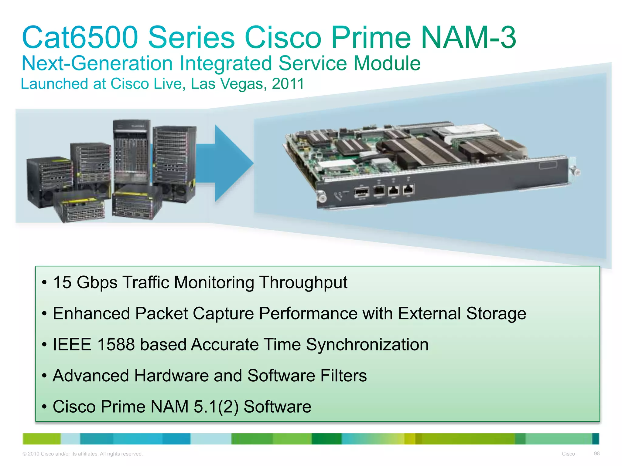 © 2010 Cisco and/or its affiliates. All rights reserved. Cisco 98
• 15 Gbps Traffic Monitoring Throughput
• Enhanced Packet Capture Performance with External Storage
• IEEE 1588 based Accurate Time Synchronization
• Advanced Hardware and Software Filters
• Cisco Prime NAM 5.1(2) Software
 