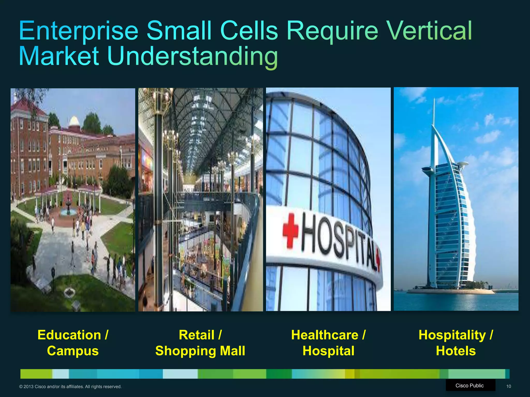 © 2013 Cisco and/or its affiliates. All rights reserved. Cisco Confidential 10
Education /
Campus
Retail /
Shopping Mall
Healthcare /
Hospital
Hospitality /
Hotels
Cisco Public
 
