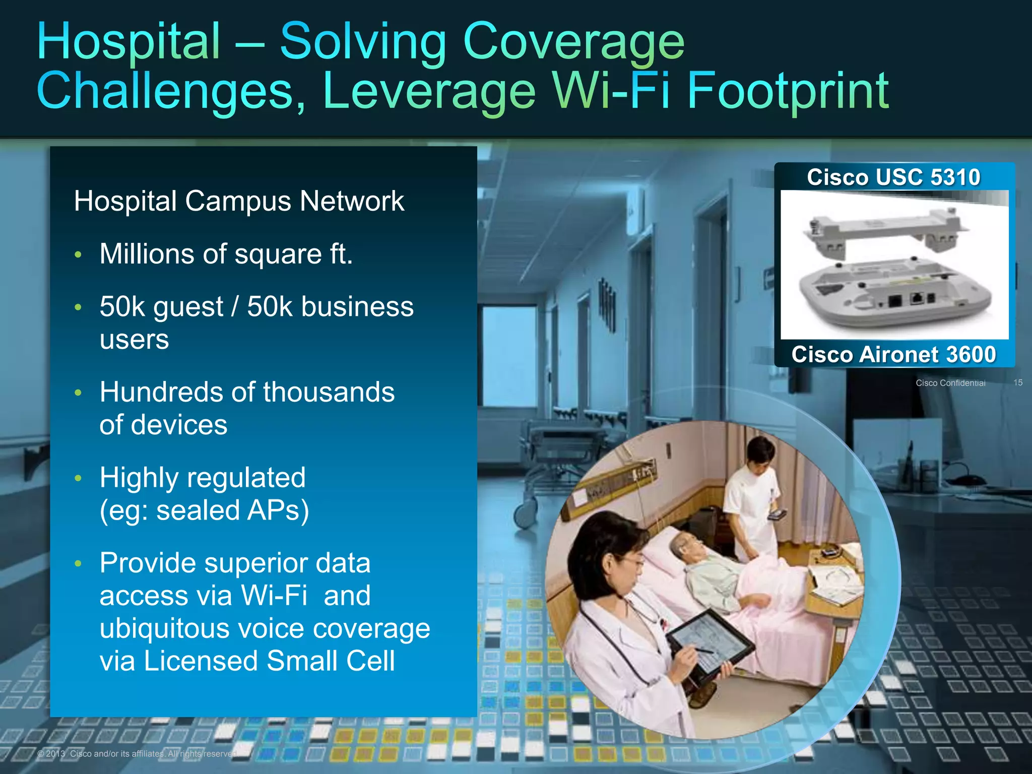 © 2013 Cisco and/or its affiliates. All rights reserved. Cisco Confidential 15
Hospital Campus Network
• Millions of square ft.
• 50k guest / 50k business
users
• Hundreds of thousands
of devices
• Highly regulated
(eg: sealed APs)
• Provide superior data
access via Wi-Fi and
ubiquitous voice coverage
via Licensed Small Cell
© 2013 Cisco and/or its affiliates. All rights reserved.
Cisco Confidential 15
Cisco USC 5310
Cisco Aironet 3600
 