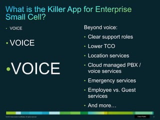 © 2013 Cisco and/or its affiliates. All rights reserved. Cisco Confidential 6
• VOICE
• VOICE
•VOICE
Beyond voice:
• Clear...