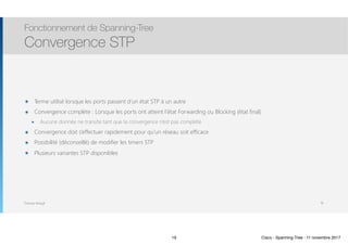 Thomas Moegli
๏ Terme utilisé lorsque les ports passent d’un état STP à un autre
๏ Convergence complète : Lorsque les ports ont atteint l’état Forwarding ou Blocking (état final)
๏ Aucune donnée ne transite tant que la convergence n’est pas complète
๏ Convergence doit s’effectuer rapidement pour qu’un réseau soit efficace
๏ Possibilité (déconseillé) de modifier les timers STP
๏ Plusieurs variantes STP disponibles
Fonctionnement de Spanning-Tree
Convergence STP
19
19 Cisco - Spanning-Tree - 11 novembre 2017
 