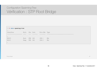 Thomas Moegli
Configuration Spanning-Tree
Vérification : STP Root Bridge
66
SW1# show spanning-tree
…
Interface Role Sts Cost Prio.Nbr Type
———————————————————— ———— ——- ——————— ———————— ————————————————————————————————————
…
Et0/0 Root FWD 100 128.1 Shr
Et0/1 Desg FWD 100 128.2 Shr
…
66 Cisco - Spanning-Tree - 11 novembre 2017
 