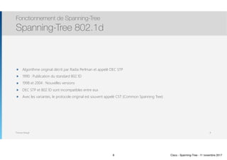 Thomas Moegli
๏ Algorithme original décrit par Radia Perlman et appelé DEC STP
๏ 1990 : Publication du standard 802.1D
๏ 1998 et 2004 : Nouvelles versions
๏ DEC STP et 802.1D sont incompatibles entre eux
๏ Avec les variantes, le protocole original est souvent appelé CST (Common Spanning Tree)
Fonctionnement de Spanning-Tree
Spanning-Tree 802.1d
8
8 Cisco - Spanning-Tree - 11 novembre 2017
 