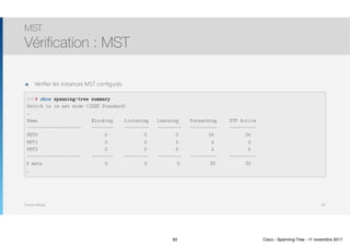 Thomas Moegli
MST
Vérification : MST
82
SW1# show spanning-tree summary
Switch is in mst mode (IEEE Standard)
…
Name Blocking Listening Learning Forwarding STP Active
———————————————————— ———————- ————————— ————————— —————————- ——————————
MST0 0 0 0 24 24
MST1 0 0 0 4 4
MST2 0 0 0 4 4
———————————————————— ———————- ————————— ————————— —————————- ——————————
3 msts 0 0 0 32 32
…
๏ Vérifier les instances MST configurés
82 Cisco - Spanning-Tree - 11 novembre 2017
 