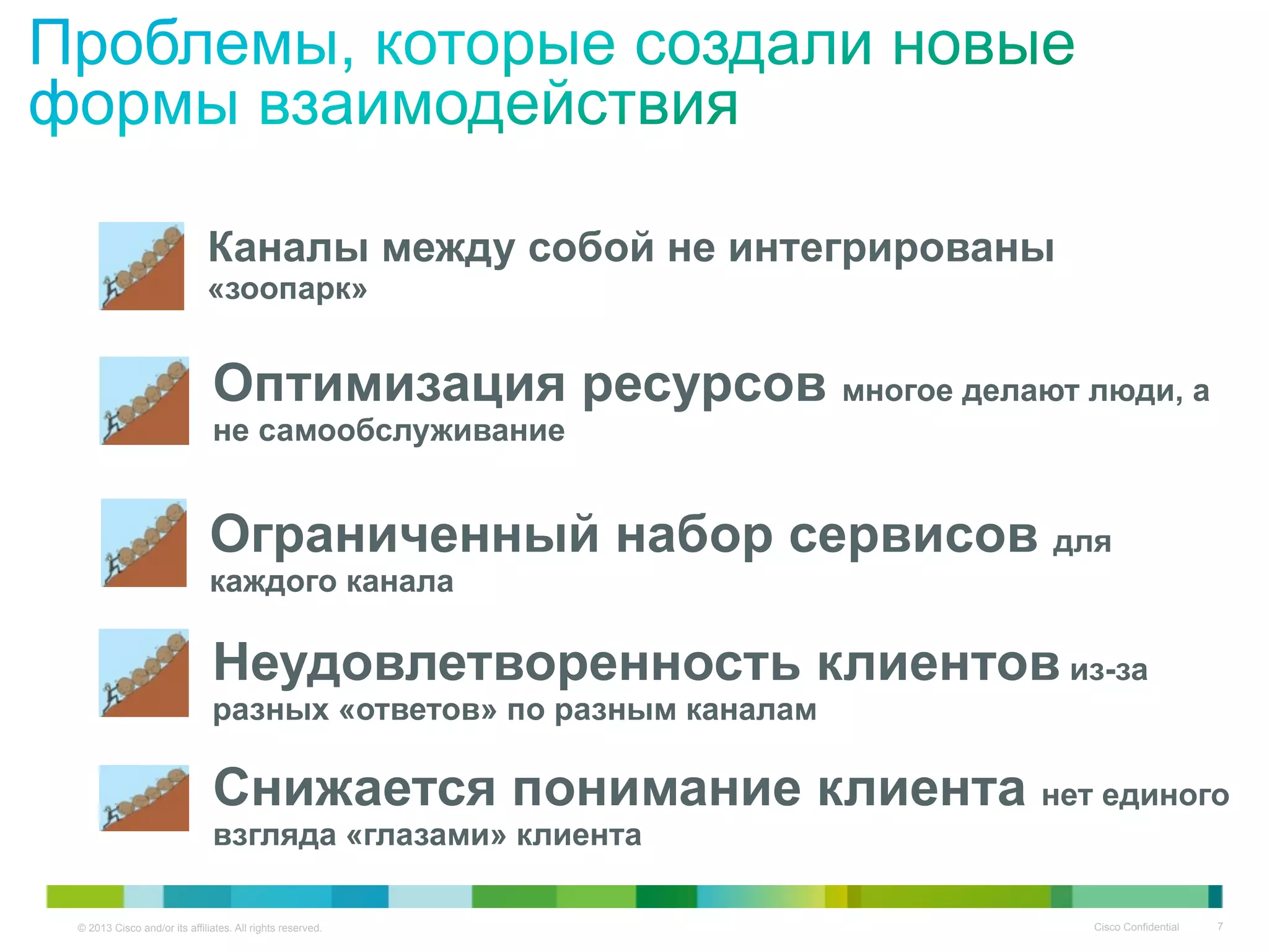 © 2013 Cisco and/or its affiliates. All rights reserved. Cisco Confidential 7
Каналы между собой не интегрированы
«зоопарк»
Оптимизация ресурсов многое делают люди, а
не самообслуживание
Ограниченный набор сервисов для
каждого канала
Неудовлетворенность клиентов из-за
разных «ответов» по разным каналам
Снижается понимание клиента нет единого
взгляда «глазами» клиента
 