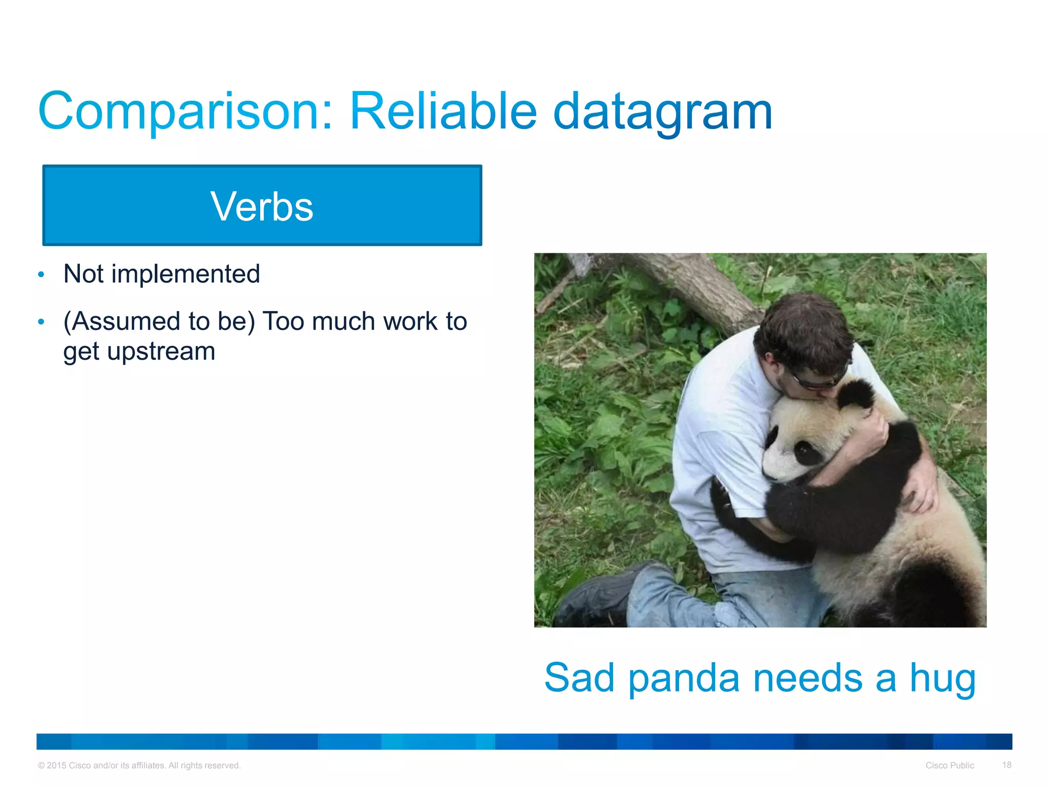 © 2015 Cisco and/or its affiliates. All rights reserved. Cisco Public 18
• Not implemented
• (Assumed to be) Too much work to
get upstream
Verbs
Sad panda needs a hug
 