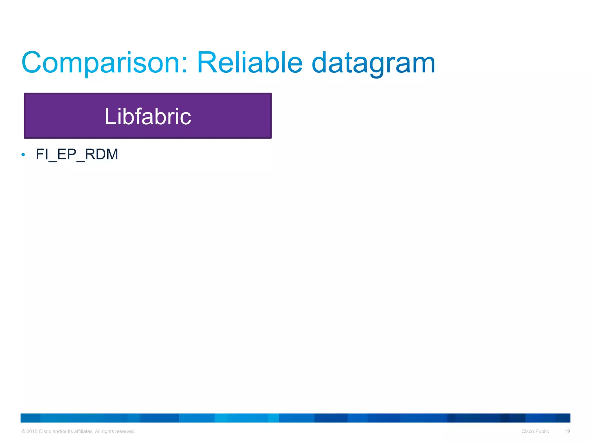 © 2015 Cisco and/or its affiliates. All rights reserved. Cisco Public 19
• FI_EP_RDM
Libfabric
 