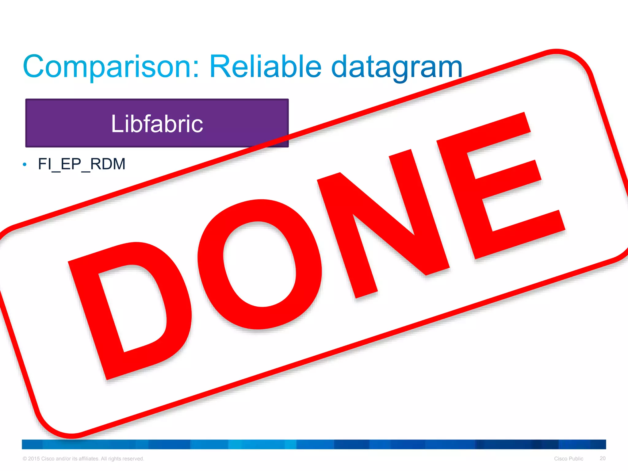 © 2015 Cisco and/or its affiliates. All rights reserved. Cisco Public 20
• FI_EP_RDM
Libfabric
 