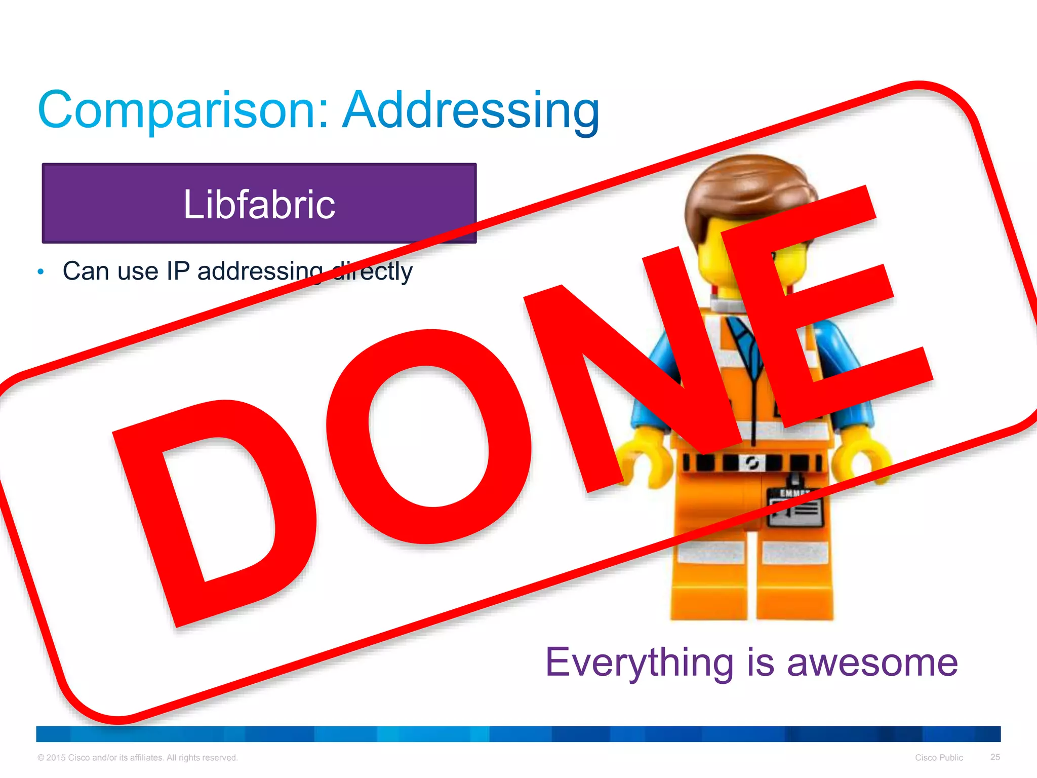 © 2015 Cisco and/or its affiliates. All rights reserved. Cisco Public 25
• Can use IP addressing directly
Libfabric
Everything is awesome
 