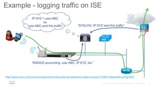 “RADIUS accounting: user ABC, IP XYZ, etc.”
“SYSLOG: IP XYZ sent this traffic”
IP XYZ > user ABC
so
“user ABC sent this traffic”
Example - logging traffic on ISE
http://www.cisco.com/c/en/us/support/docs/security/nac-appliance-clean-access/110304-integrated-url-log.html
 