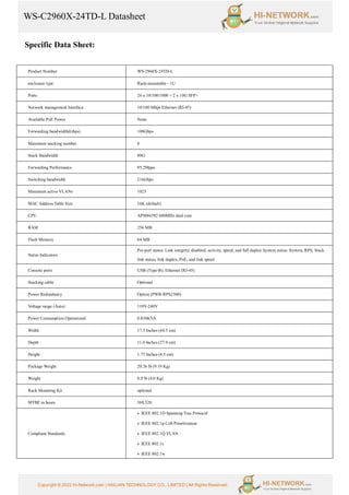 WS-C2960X-24TD-L Datasheet
Copyright © 2022 Hi-Network.com | HAILIAN TECHNOLOGY CO., LIMITED | All Rights Reserved.
Specific Data Sheet:
Product Number WS-2960X-24TD-L
enclosure type Rack-mountable - 1U
Ports 24 x 10/100/1000 + 2 x 10G SFP+
Network management Interface 10/100 Mbps Ethernet (RJ-45)
Available PoE Power None
Forwarding bandwidth(Gbps) 108Gbps
Maximum stacking number 8
Stack Bandwidth 80G
Forwarding Performance 95.2Mpps
Switching bandwidth 216Gbps
Maximum active VLANs 1023
MAC Address Table Size 16K (default)
CPU APM86392 600MHz dual core
RAM 256 MB
Flash Memory 64 MB
Status Indicators
Per-port status: Link integrity, disabled, activity, speed, and full duplex System status: System, RPS, Stack
link status, link duplex, PoE, and link speed
Console ports USB (Type-B), Ethernet (RJ-45)
Stacking cable Optional
Power Redundancy Option (PWR-RPS2300)
Voltage range (Auto) 110V-240V
Power Consumption Operational 0.034KVA
Width 17.5 Inches (44.5 cm)
Depth 11.0 Inches (27.9 cm)
Height 1.75 Inches (4.5 cm)
Package Weight 20.26 lb (9.19 Kg)
Weight 8.9 lb (4.0 Kg)
Rack Mounting Kit optional
MTBF in hours 569,520
Compliant Standards
● IEEE 802.1D Spanning Tree Protocol
● IEEE 802.1p CoS Prioritization
● IEEE 802.1Q VLAN
● IEEE 802.1s
● IEEE 802.1w
 