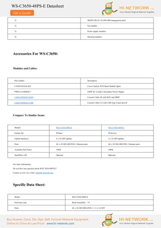 Get a Quote
WS-C3650-48PS-E Datasheet
Buy Huawei, Cisco, Zte, Hpe, Dell, Fortinet Network Equipment
Online In China At Low Price! www.hi-network.com
③ MGMT (RJ-45 10/100/1000 management port)
④ Fan module
⑤ Power supply modules
⑥ Stacking modules
Accessories For WS-C3650:
Modules and Cables:
Part number Description
C3650-STACK-KIT Cisco Catalyst 3650 Stack Module Spare
PWR-C2-640WAC= 640W AC Config 2 Secondary Power Supply
CAB-CONSOLE-RJ45 Console Cable 6ft with RJ45 and DB9F
CAB-CONSOLE-USB Console Cable 6 ft with USB Type A and mini-B
Compare To Similar Items:
Models WS-C3650-48PS-S WS-C3650-48PS-E
Feature Set IP Base IP Service
Uplink Interfaces 4 x 1G SFP uplinks 4 x 1G SFP uplinks
Ports 48 x 10/100/1000 POE+ Ethernet ports 48 x 10/100/1000 POE+ Ethernet ports
Available PoE Power 390W 390W
StackWise-160 Optional Optional
Get more information:
Do you have any question about WS-C3650-48PS-E?
Contact us now via e-mail: info@hi-network.com
Specific Data Sheet:
Model WS-C3650-48PS-E
Enclosure type Rack-mountable – 1U
Ports 48 x 10/100/1000 (POE+) + 4 x 1G SFP
 