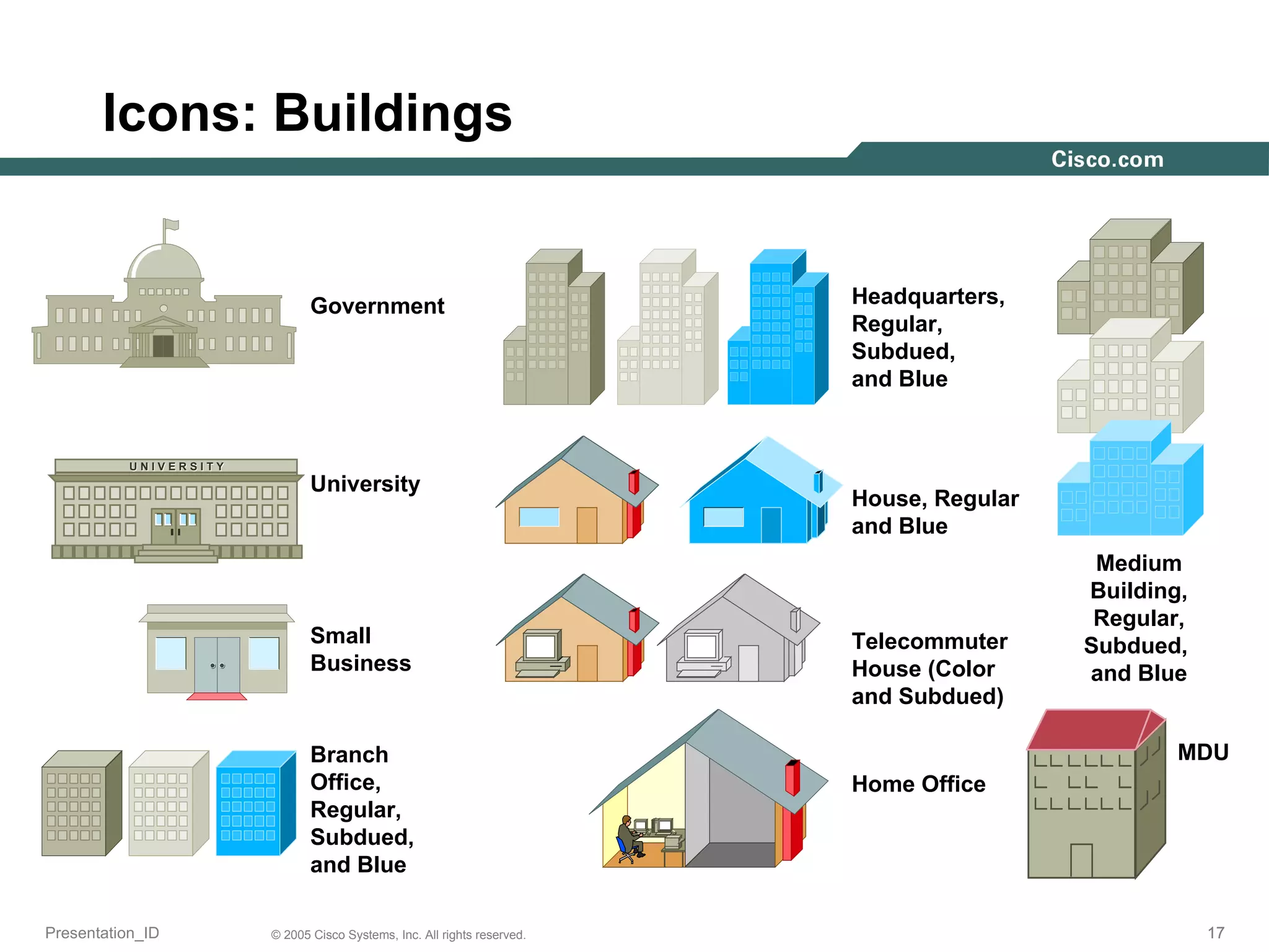 Icons: Buildings Government University Small Business Branch Office, Regular, Subdued,  and Blue Headquarters, Regular, Subdued,  and Blue House, Regular and Blue Telecommuter House (Color and Subdued) Home Office Medium Building, Regular, Subdued,  and Blue MDU 