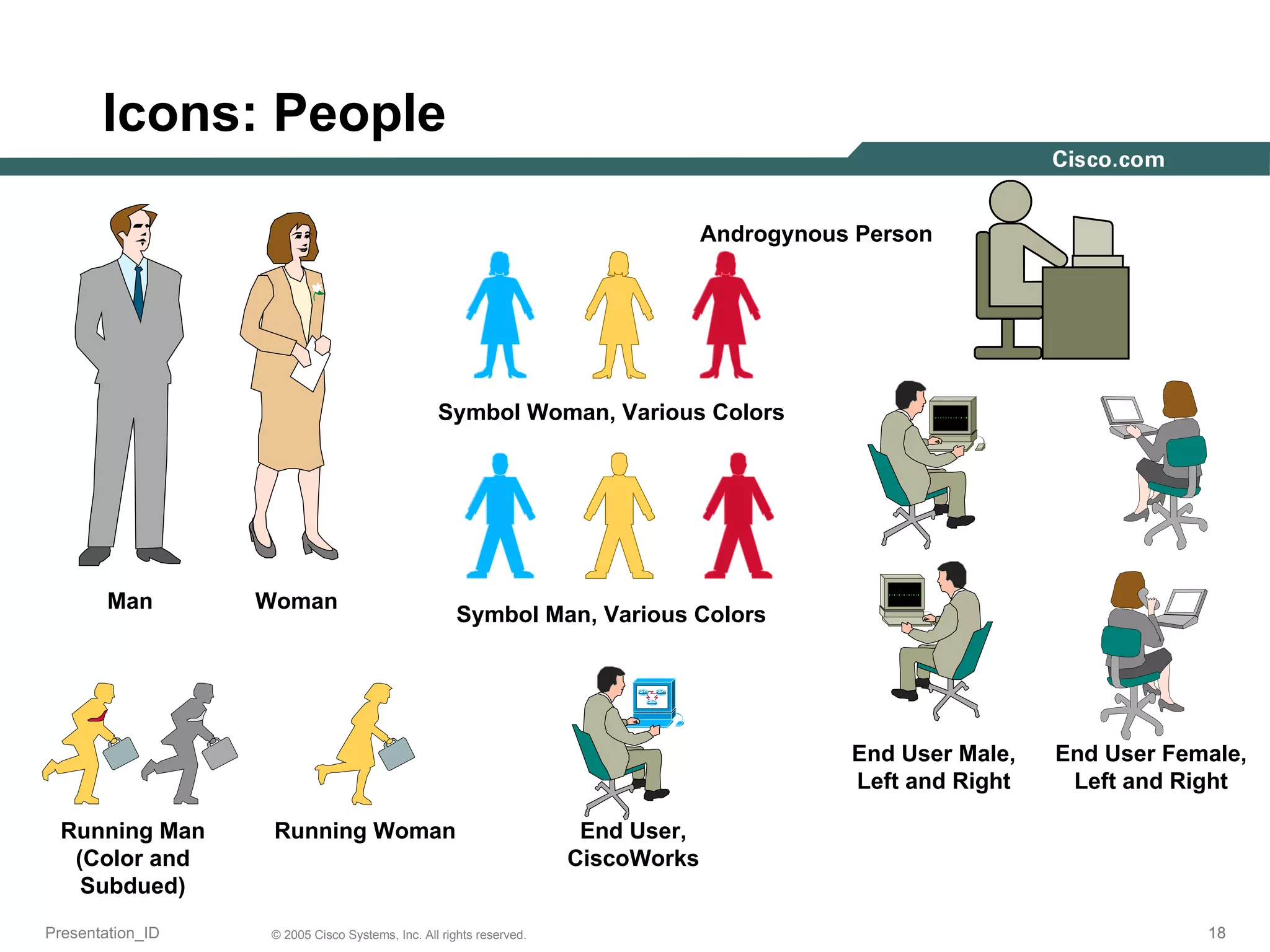 Icons: People Man Woman Symbol Woman, Various Colors Symbol Man, Various Colors Running Man (Color and Subdued) Running Woman End User, CiscoWorks End User Female, Left and Right End User Male, Left and Right Androgynous Person 