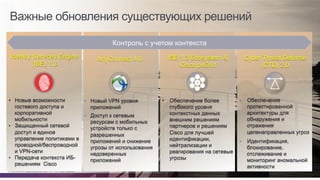 © Cisco и(или) ее аффилированные лица, 2014 г. Все права защищены. 12
Важные обновления существующих решений
•  Новые возможности
гостевого доступа и
корпоративной
мобильности
•  Защищенный сетевой
доступ и единое
управление политиками в
проводной/беспроводной
и VPN-сети
•  Передача контекста ИБ-
решениям Cisco
Identity Services Engine
(ISE) 1.3
AnyConnect 4.0
•  Новый VPN уровня
приложений
•  Доступ к сетевым
ресурсам с мобильных
устройств только с
разрешенных
приложений и снижение
угрозы от использования
недоверенных
приложений
•  Обеспечение более
глубокого уровня
контекстных данных
внешним решениям
партнеров и решениям
Cisco для лучшей
идентификации,
нейтрализации и
реагирования на сетевые
угрозы
ISE 1.3 Ecosystem &
Cisco pxGrid
•  Обеспечение
протестированной
архитектуры для
обнаружения и
отражения
целенаправленных угроз
•  Идентификация,
блокирование,
отслеживание и
мониторинг аномальной
активности
Cyber Threat Defense
(CTD) 2.0
Контроль с учетом контекста
 