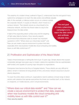 14 Cisco 2014 Annual Security Report Trust
The anatomy of a modern threat, outlined in Figure 2, underscores how the end goal of many
cybercrime campaigns is to reach the data center and exfiltrate valuable
data. In this example, a malicious action occurs on a device outside
the corporate network. It causes an infection, which moves to a
campus network. That network serves as a launchpad to the
enterprise network, and then the threat makes its way to the
treasure trove: the data center.
In light of the expanding attack surface area and the targeting
of high-value data by hackers, Cisco security experts
recommend that enterprises seek to answer two important
questions in 2014: “Where does our critical data reside?” and
“How can we create a secure environment to protect that data,
especially when new business models like cloud computing and mobility
leave us with little control over it?”
2 | Proliferation and Sophistication of the Attack Model
Today’s threat landscape is nothing like that of just 10 years ago. Simple attacks that caused
containable damage have given way to modern cybercrime operations that are sophisticated,
well-funded, and capable of causing major disruption to organizations.
Companies have become the focus of targeted attacks. These attacks are very difficult to
detect, remain in networks for long periods of time, and amass network resources to launch
attacks elsewhere.
To cover the entire attack continuum, organizations need to address a broad range of attack
vectors with solutions that operate everywhere the threat can manifest itself: on the network,
on endpoints, on mobile devices, and in virtual environments.
“Where does our critical data reside?” and “How can we
create a secure environment to protect that data, especially
when new business models like cloud computing and
mobility leave us with little control over it?”
Cisco security experts
The end goal
of many cybercrime
campaigns is to
reach the data center
and exfiltrate
valuable data.
 