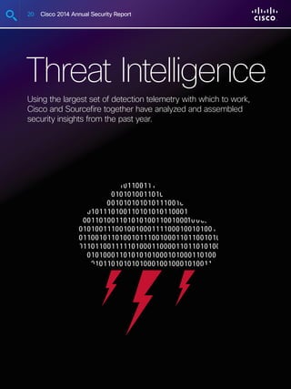 20 Cisco 2014 Annual Security Report
Threat Intelligence
Using the largest set of detection telemetry with which to work,
Cisco and Sourcefire together have analyzed and assembled
security insights from the past year.
 