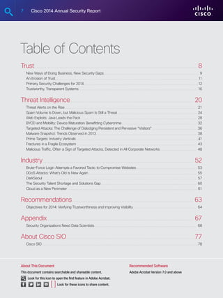 7 Cisco 2014 Annual Security Report
Table of Contents
Trust........................................................................................................................... 8
New Ways of Doing Business, New Security Gaps........................................................................ 9
An Erosion of Trust........................................................................................................... 11
Primary Security Challenges for 2014...................................................................................... 12
Trustworthy, Transparent Systems..........................................................................................16
Threat Intelligence............................................................................................. 20
Threat Alerts on the Rise....................................................................................................21
Spam Volume Is Down, but Malicious Spam Is Still a Threat.............................................................24
Web Exploits: Java Leads the Pack....................................................................................... 28
BYOD and Mobility: Device Maturation Benefitting Cybercrime......................................................... 32
Targeted Attacks: The Challenge of Dislodging Persistent and Pervasive “Visitors”.................................. 36
Malware Snapshot: Trends Observed in 2013............................................................................ 38
Prime Targets: Industry Verticals............................................................................................ 41
Fractures in a Fragile Ecosystem.......................................................................................... 43
Malicious Traffic, Often a Sign of Targeted Attacks, Detected in All Corporate Networks............................ 48
Industry................................................................................................................. 52
Brute-Force Login Attempts a Favored Tactic to Compromise Websites.............................................. 53
DDoS Attacks: What’s Old Is New Again.................................................................................. 55
DarkSeoul.................................................................................................................... 57
The Security Talent Shortage and Solutions Gap........................................................................ 60
Cloud as a New Perimeter..................................................................................................61
Recommendations............................................................................................ 63
Objectives for 2014: Verifying Trustworthiness and Improving Visibility................................................ 64
Appendix.............................................................................................................. 67
Security Organizations Need Data Scientists............................................................................. 68
About Cisco SIO................................................................................................ 77
Cisco SIO.....................................................................................................................78
About This Document
This document contains searchable and shareable content.
Look for this icon to open the find feature in Adobe Acrobat.
Recommended Software
Adobe Acrobat Version 7.0 and above
Look for these icons to share content.[ ]
 