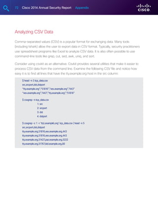 72 Cisco 2014 Annual Security Report Appendix
Analyzing CSV Data
Comma-separated values (CSV) is a popular format for exchanging data. Many tools
(including tshark) allow the user to export data in CSV format. Typically, security practitioners
use spreadsheet programs like Excel to analyze CSV data. It is also often possible to use
command-line tools like grep, cut, sed, awk, uniq, and sort.
Consider using csvkit as an alternative. Csvkit provides several utilities that make it easier to
process CSV data from the command line. Examine the following CSV file and notice how
easy it is to find all lines that have the tty.example.org host in the src column:
$ head -n 3 tcp_data.csv
src,srcport,dst,dstport
“tty.example.org”,“51816”,”vex.example.org”,”443”
“vex.example.org”,”443”,”tty.example.org”,”51816”
$ csvgrep -n tcp_data.csv
	 1: src
	 2: srcport
	 3: dst
	 4: dstport
$ csvgrep -c 1 -r ‘tty.example.org’ tcp_data.csv | head -n 5
src,srcport,dst,dstport
tty.example.org,51816,vex.example.org,443
tty.example.org,51816,vex.example.org,443
tty.example.org,51427,paz.example.org,5222
tty.example.org,51767,bid.example.org,80
 