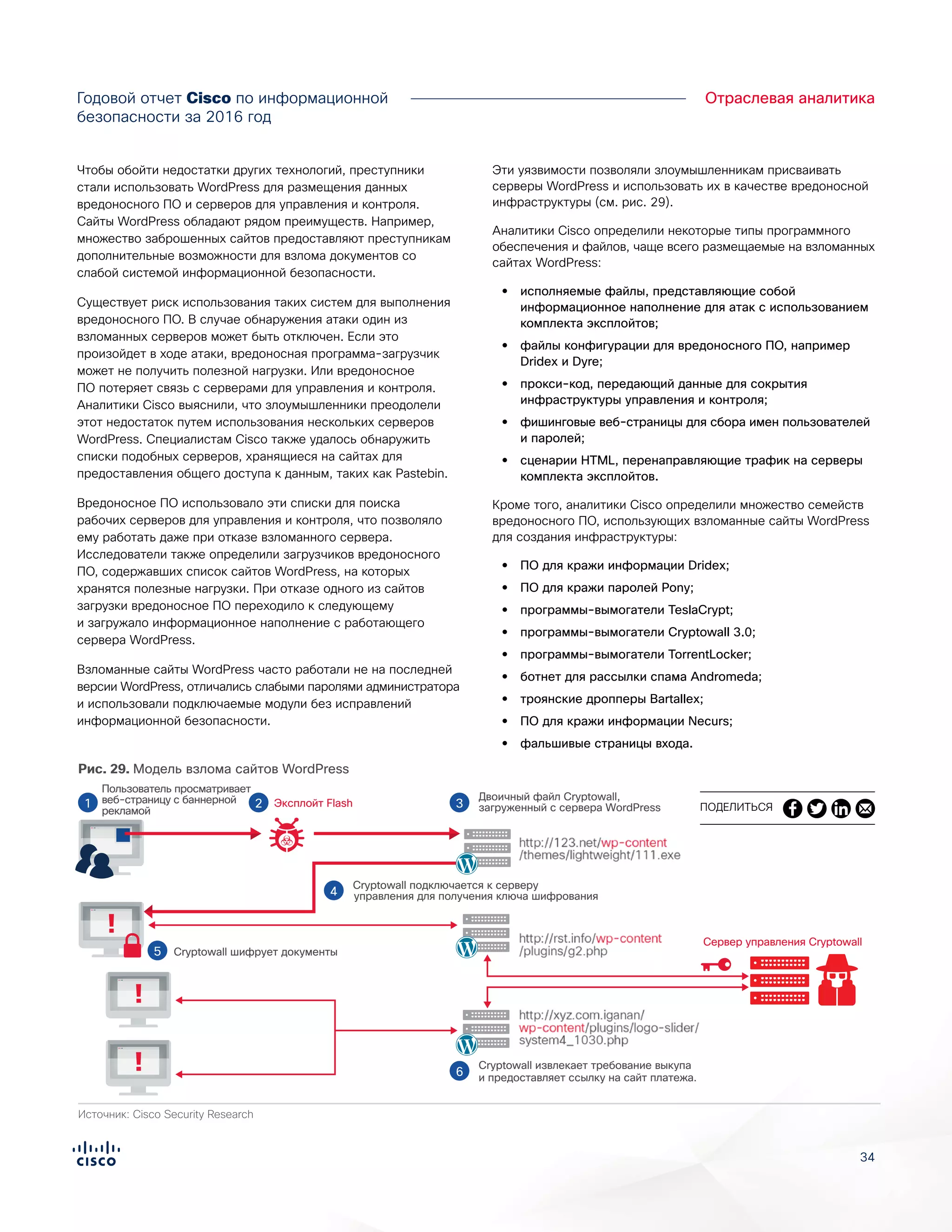 3434
Отраслевая аналитикаГодовой отчет Cisco по информационной
безопасности за 2016 год
Чтобы обойти недостатки других технологий, преступники
стали использовать WordPress для размещения данных
вредоносного ПО и серверов для управления и контроля.
Сайты WordPress обладают рядом преимуществ. Например,
множество заброшенных сайтов предоставляют преступникам
дополнительные возможности для взлома документов со
слабой системой информационной безопасности.
Существует риск использования таких систем для выполнения
вредоносного ПО. В случае обнаружения атаки один из
взломанных серверов может быть отключен. Если это
произойдет в ходе атаки, вредоносная программа-загрузчик
может не получить полезной нагрузки. Или вредоносное
ПО потеряет связь с серверами для управления и контроля.
Аналитики Cisco выяснили, что злоумышленники преодолели
этот недостаток путем использования нескольких серверов
WordPress. Специалистам Cisco также удалось обнаружить
списки подобных серверов, хранящиеся на сайтах для
предоставления общего доступа к данным, таких как Pastebin.
Вредоносное ПО использовало эти списки для поиска
рабочих серверов для управления и контроля, что позволяло
ему работать даже при отказе взломанного сервера.
Исследователи также определили загрузчиков вредоносного
ПО, содержавших список сайтов WordPress, на которых
хранятся полезные нагрузки. При отказе одного из сайтов
загрузки вредоносное ПО переходило к следующему
и загружало информационное наполнение с работающего
сервера WordPress.
Взломанные сайты WordPress часто работали не на последней
версии WordPress, отличались слабыми паролями администратора
и использовали подключаемые модули без исправлений
информационной безопасности.
Эти уязвимости позволяли злоумышленникам присваивать
серверы WordPress и использовать их в качестве вредоносной
инфраструктуры (см. рис. 29).
Аналитики Cisco определили некоторые типы программного
обеспечения и файлов, чаще всего размещаемые на взломанных
сайтах WordPress:
•• исполняемые файлы, представляющие собой
информационное наполнение для атак с использованием
комплекта эксплойтов;
•• файлы конфигурации для вредоносного ПО, например
Dridex и Dyre;
•• прокси-код, передающий данные для сокрытия
инфраструктуры управления и контроля;
•• фишинговые веб-страницы для сбора имен пользователей
и паролей;
•• сценарии HTML, перенаправляющие трафик на серверы
комплекта эксплойтов.
Кроме того, аналитики Cisco определили множество семейств
вредоносного ПО, использующих взломанные сайты WordPress
для создания инфраструктуры:
•• ПО для кражи информации Dridex;
•• ПО для кражи паролей Pony;
•• программы-вымогатели TeslaCrypt;
•• программы-вымогатели Cryptowall 3.0;
•• программы-вымогатели TorrentLocker;
•• ботнет для рассылки спама Andromeda;
•• троянские дропперы Bartallex;
•• ПО для кражи информации Necurs;
•• фальшивые страницы входа.
Рис. 29. Модель взлома сайтов WordPressFigure X. How Cryptowall Ransomware uses hacked WordPress servers for Command and Control
Сервер управления Cryptowall
Пользователь просматривает
веб-страницу с баннерной
рекламой
Двоичный файл Cryptowall,
загруженный с сервера WordPress
Cryptowall извлекает требование выкупа
и предоставляет ссылку на сайт платежа.
Cryptowall подключается к серверу
управления для получения ключа шифрования
Cryptowall шифрует документы
!
!
!
Источник: Cisco Security Research
3
4
5
6
1 Эксплойт Flash2 ПОДЕЛИТЬСЯ
 