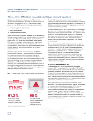 19
Годовой отчет Cisco по информационной
безопасности за 2016 год
Аналитика угроз
Проведенный Cisco анализ вредоносного ПО, опасность
которого была подтверждена, показал, что преимущественная
часть этого вредоносного ПО (91,3 %) использует службу
доменных имен (DNS) одним из трех следующих способов:
•• перехват управления системой;
•• извлечение данных;
•• перенаправление трафика.
Чтобы получить эти процентные значения, мы исследовали все
образцы поведений в различных принадлежащих нам системах-
«песочницах». Вредоносное ПО, которое принципиально не
использовало DNS каким-либо образом или задействовало
DNS только для проверки работоспособности подключения
к Интернету, исключалось из списков. Оставшееся в них
вредоносное ПО использовало DNS для подключения к сайтам,
которые заведомо являлись опасными или же считались
подозрительными.
Несмотря на зависимость злоумышленников от DNS при
осуществлении кампаний с использованием вредоносного
ПО, лишь немногие компании отслеживают DNS, в том
числе и в целях информационной безопасности. Такое
отсутствие надзора делает DNS идеальным инструментом для
киберпреступников. Согласно недавно проведенному нами
обзору (см. рис. 13), 68 % специалистов по безопасности
сообщают, что в их организациях не отслеживаются угрозы от
рекурсивных запросов DNS. (Рекурсивные серверы доменных
имен DNS выдают IP-адреса согласно запрошенным доменным
именам узлам, которые направили запрос.)
Почему DNS является «слепым пятном» для столь многих
организаций? Основная причина заключается в том, что группы
обеспечения информационной безопасности и специалисты по
DNS обычно работают в разных ИТ-подразделениях компании
и редко общаются между собой.
Хотя им следовало бы это делать. Мониторинг DNS необходим
для выявления и нейтрализации заражения вредоносным ПО,
которое уже использует DNS для одной из трех названных выше
целей. Это также важный первый шаг на пути к выявлению
других компонентов, которые могли бы использоваться при
дальнейшем расследовании атаки: от определения типа
инфраструктуры, на которой основана атака, и до выхода
на ее источник.
В то же время мониторинг DNS требует большего, чем просто
сотрудничество между группами информационной безопасности
и специалистами по DNS. Он требует сочетания правильных
технологий и опыта для проведения корреляционного анализа.
(Дополнительную информацию см. в разделе «Отраслевое
сотрудничество помогает Cisco нейтрализовать крайне
эффективную и прибыльную кампанию по распространению
комплекта эксплойтов и программ-вымогателей» на стр. 10,
где рассказано, как компания OpenDNS помогла Cisco наглядно
проанализировать домены и IP-адреса, которые использовались
набором эксплойтов Angler.)
РЕТРОСПЕКТИВНЫЙ АНАЛИЗ DNS
Проведенное в Cisco ретроспективное расследование
запросов DNS и следовавшего за ними трафика TCP и UDP
выявило ряд источников вредоносного ПО. Они включают серверы
перехвата управления, веб-сайты и точки распространения.
Ретроспективное расследование также обнаруживает контент
высокой степени опасности, используя аналитику из списков
угроз, отчетов об угрозах в сообществах, наблюдаемых тенденций
компрометации компьютерных систем и знания об уникальных
уязвимостях, свойственных отрасли клиента.
Наши ретроспективные отчеты помогают выявлять попытки
медленной и малозаметной утечки данных, обычно связываемой
со сложными целенаправленными атаками (APT), которые
во многих случаях не регистрируются традиционными
технологиями обнаружения. Цель анализа состоит в выявлении
аномалий среди огромного объема исходящего трафика
обмена данными. Такой «вывернутый наизнанку» подход может
выявлять возможную компрометацию данных и опасные для
сетевой инфраструктуры операции, которые в противном случае
остались бы незамеченными.
Figure X.
Monitoring Threats via Recursive DNS
Источник: Cisco Security Research
организаций
не отслеживают
рекурсивные
запросы DNS
вредоносного
ПО при атаках
задействует DNS
68 %91,3 %
Рис. 13. Мониторинг угроз от рекурсивных запросов DNS
«Слепое пятно» DNS: атаки с использованием DNS для перехвата управления
 