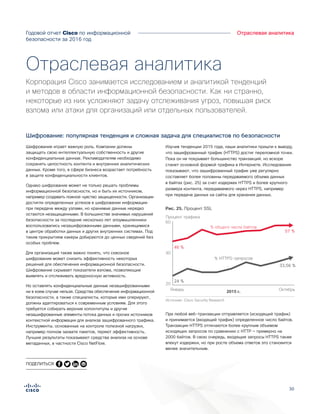 3030
Отраслевая аналитикаГодовой отчет Cisco по информационной
безопасности за 2016 год
Шифрование играет важную роль. Компании должны
защищать свою интеллектуальную собственность и другие
конфиденциальные данные. Рекламодателям необходимо
сохранять целостность контента и внутренних аналитических
данных. Кроме того, в сфере бизнеса возрастает потребность
в защите конфиденциальности клиентов.
Однако шифрование может не только решать проблемы
информационной безопасности, но и быть их источником,
например создавать ложное чувство защищенности. Организации
достигли определенных успехов в шифровании информации
при передаче между узлами, но хранимые данные нередко
остаются незащищенными. В большинстве значимых нарушений
безопасности за последние несколько лет злоумышленники
воспользовались незашифрованными данными, хранящимися
в центре обработки данных и других внутренних системах. Под
таким прикрытием хакеры добираются до ценных сведений без
особых проблем.
Для организаций также важно понять, что сквозное
шифрование может снизить эффективность некоторых
решений для обеспечения информационной безопасности.
Шифрование скрывает показатели взлома, позволяющие
выявлять и отслеживать вредоносную активность.
Но оставлять конфиденциальные данные незашифрованными
ни в коем случае нельзя. Средства обеспечения информационной
безопасности, а также специалисты, которые ими оперируют,
должны адаптироваться к современным условиям. Для этого
требуется собирать верхние колонтитулы и другие
незашифрованные элементы потока данных и прочих источников
контекстной информации для анализа зашифрованного трафика.
Инструменты, основанные на контроле полезной нагрузки,
например полном захвате пакетов, теряют эффективность.
Лучшие результаты показывают средства анализа на основе
метаданных, в частности Cisco NetFlow.
Изучив тенденции 2015 года, наши аналитики пришли к выводу,
что зашифрованный трафик (HTTPS) достиг переломной точки.
Пока он не покрывает большинство транзакций, но вскоре
станет основной формой трафика в Интернете. Исследования
показывают, что зашифрованный трафик уже регулярно
составляет более половины передаваемого объема данных
в байтах (рис. 25) за счет издержек HTTPS и более крупного
размера контента, передаваемого через HTTPS, например
при передаче данных на сайты для хранения данных.
При любой веб-транзакции отправляется (исходящий трафик)
и принимается (входящий трафик) определенное число байтов.
Транзакции HTTPS отличаются более крупным объемом
исходящих запросов по сравнению с HTTP — примерно на
2000 байтов. В свою очередь, входящие запросы HTTPS также
влекут издержки, но при росте объема ответов это становится
менее значительным.
Отраслевая аналитика
Корпорация Cisco занимается исследованием и аналитикой тенденций
и методов в области информационной безопасности. Как ни странно,
некоторые из них усложняют задачу отслеживания угроз, повышая риск
взлома или атаки для организаций или отдельных пользователей.
46 %
57 %
Figure X.SSL Percentages
% HTTPS-запросов
2015 г.
% общего числа байтов
Январь Октябрь
60
Процент трафика
20
40
24 %
33,56 %
Источник: Cisco Security Research
Рис. 25. Процент SSL
Шифрование: популярная тенденция и сложная задача для специалистов по безопасности
ПОДЕЛИТЬСЯ
 