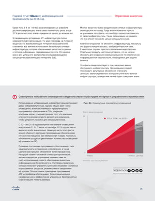 3636
Отраслевая аналитикаГодовой отчет Cisco по информационной
безопасности за 2016 год
Использование устаревающей инфраструктуры распахивает
двери киберпреступникам. Однако общий рост числа
оповещений, включая уязвимости проприетарного
программного обеспечения и ПО с открытым
исходным кодом, — верный признак того, что компании
в технологическом сегменте делают все возможное,
чтобы устранить лазейки для злоумышленников.
С 2014 по 2015 год совокупные показатели оповещений
возросли на 21 %. С июля по сентябрь 2015 года их число
выросло особо значительно. Немалую часть этого роста
можно объяснить крупными программными обновлениями
от таких поставщиков, как Майкрософт и Apple, поскольку
обновления продуктов увеличивают количество оповещений
об уязвимостях ПО.
Основные поставщики программного обеспечения стали
чаще выпускать исправления и обновления, а также
сделали сам процесс обновления более прозрачным.
Растущий объем — основной стимул для организаций,
автоматизирующих управление уязвимостями за
счет использования средств обеспечения аналитики
информационной безопасности и платформ управления,
которые помогают управлять крупными объемами системных
и программных ресурсов, уязвимостями и сведениями
об угрозах. Эти системы и прикладные программные
API-интерфейсы обеспечивают более рациональное,
своевременное и эффективное управление безопасностью
в организациях любого размера.
Совокупные показатели оповещений свидетельствуют о растущем интересе к управлению уязвимостями
Рис. 32. Совокупные показатели оповещений
Кроме того, 8 % из 115 000 проанализированных устройств
достигли завершающего этапа своего жизненного цикла, а еще
31 % достигнет этого этапа в пределах от одного до четырех лет.
Устаревающая и устаревшая ИТ-инфраструктура полна
уязвимостей для организаций. По мере перехода на Интернет
вещей (IoT) и Всеобъемлющий Интернет (IoE) компаниям
становится все важнее использовать безопасную сетевую
инфраструктуру, которая обеспечивает целостность данных
и потоков информации, передаваемых по сети. Это крайне
важно для успешного распространения развивающейся
концепции Всеобъемлющего Интернета (IoE).
Многие заказчики Cisco создали свои сетевые инфраструктуры
около десяти лет назад. Тогда многие компании просто
не учитывали того факта, что они будут полностью зависеть
от своей инфраструктуры. Также организации не ожидали,
что она станет основной целью злоумышленников.
Компании стараются не обновлять инфраструктуру, поскольку
это дорогостоящий процесс, требующий простоя сети.
В некоторых случаях простого обновления недостаточно.
Отдельные продукты настолько устарели, что их нельзя
обновить для внедрения новейших решений по обеспечению
информационной безопасности, необходимых для защиты
бизнеса.
Эти факты свидетельствуют о том, насколько важно
обслуживать инфраструктуру. Организациям следует
планировать регулярные обновления и признать
ценность заблаговременного контроля критически важной
инфраструктуры, прежде чем на нее будет совершена атака.
ПОДЕЛИТЬСЯ
Январь Декабрь
Источник: Cisco Security Research
0
8K
Всего предупреждений
Figure X. Cumulative Annual Alert Totals
21% c 2014 г. по 2015 г.
2013 г.
2014 г.
Октябрь
 