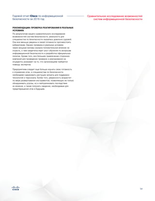 54
Сравнительное исследование возможностей
систем информационной безопасности
Годовой отчет Cisco по информационной
безопасности за 2016 год
РЕКОМЕНДАЦИИ: ПРОВЕРКА РЕАГИРОВАНИЯ В РЕАЛЬНЫХ
УСЛОВИЯХ
По результатам нашего сравнительного исследования
возможностей систем безопасности, реальность для
специалистов по безопасности оказалась довольно суровой.
Они все меньше уверены в своей готовности противостоять
кибератакам. Однако проверка в реальных условиях
через мощные взломы оказала положительное влияние на
отрасль, о чем свидетельствует рост обучения по вопросам
информационной безопасности и разработка официальных
политик. Кроме того, все большее привлечение сторонних
компаний для проведения проверок и реагирования на
инциденты указывает на то, что организациям требуется
помощь экспертов.
Предприятиям следует еще больше изучать свою готовность
к отражению атак, а специалистам по безопасности
необходимо сдерживать растущие затраты для поддержки
технологий и персонала. Более того, уверенность возрастет
по мере развертывания инструментов, позволяющих не только
обнаруживать угрозы, но и нейтрализовать последствия
их влияния, а также получать сведения, необходимые для
предотвращения атак в будущем.
 