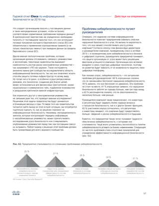 57
Действуя на опережениеГодовой отчет Cisco по информационной
безопасности за 2016 год
Что следует организациям просить у поставщиков данных
в таких неопределенных условиях, чтобы их бизнес
соответствовал нормативным требованиям передачи данных?
В краткосрочной перспективе им определенно необходимо
получить от поставщиков гарантии того, что они используют
типовые положения контракта Европейского союза (ЕС) или
обязательные к применению корпоративные правила (а не
только «безопасную гавань») при передаче данных за пределы
Европейского союза (ЕС).
Другая важная геополитическая проблема, которую
организации должны отслеживать, связана с уязвимостями
и эксплойтами. Некоторые правительства выражают
озабоченность ростом рынка неисправленных уязвимостей —
так называемого «ПО как оружия». Такие инструменты
жизненно важны для сообщества исследователей в области
информационной безопасности, так как они позволяют искать
способы защиты сетевых инфраструктур по всему миру.
Но попав «не в те руки», а особенно в руки репрессивных
режимов, эта технология, созданная для благих целей,
может использоваться для финансовых преступлений, кражи
национальных и коммерческих тайн, подавления инакомыслия
и разрушения критически важной инфраструктуры.
Как ограничить доступ к неисправленным уязвимостям,
не связывая руки тех, кто проводит важные исследования?
Решением этой задачи правительства будут заниматься
в ближайшие месяцы и годы. По мере того как правительства
пытаются найти выход из этой острой ситуации, им потребуется
тщательно оценить то, как их решения повлияют на
информационную безопасность. Например, неопределенность
законов, которые контролируют передачу информации
о неопубликованных уязвимостях, может препятствовать
исследованиям угроз безопасности или стимулировать
опубликование уязвимостей перед тем, как поставщики смогут
их исправить. Любой подход к решению этой проблемы должен
быть приемлемым для всего мирового сообщества.
Проблемы кибербезопасности пугают
руководителей
Очевидно, что надежная система информационной
безопасности помогает предприятиям избежать опасных
нарушений безопасности и атак. Но велика ли вероятность
того, что она сможет способствовать росту успеха
компании? Согласно опросу глав финансовых директоров
и руководителей компаний, проведенному Cisco в октябре
2015 г. и посвященному роли кибербезопасности в бизнесе
и цифровой стратегии, руководители предприятий понимают,
что защита организации от угроз может быть решающим
фактором успешности компании. Организации все активнее
внедряют в свою структуру цифровые технологии, поэтому
их развитие будет зависеть от их возможности защитить свою
цифровую платформу.
Как показал опрос, кибербезопасность — это актуальная
проблема для руководителей: 48 % опрошенных сказали,
что их чрезвычайно беспокоят нарушения кибербезопасности,
39 % заявили, что они беспокоят их умеренно. Эта проблема
не стоит на месте: 41 % опрошенных заявили, что нарушения
безопасности заботят их гораздо больше, чем три года назад,
а 42 % респондентов сказали, что их обеспокоенность
несколько больше, чем раньше.
Руководители компаний также предполагают, что инвесторы
и регуляторы будут задавать более трудные вопросы
о процессах безопасности, как и о других бизнес-функциях.
92 % участников опроса согласились, что регуляторы
и инвесторы ожидают, что компании будут предоставлять
больше  сведений о рисках кибербезопасности в будущем.
Кажется, что предприятия также четко понимают трудности
обеспечения кибербезопасности, с которыми они
сталкиваются. Чаще всего упоминалась неспособность политик
кибербезопасности успевать за бизнес-изменениями. Следующей
по частоте проблемой стало отсутствие показателей для
определения эффективности информационной безопасности
(рис. 62).
Рис. 62. Предприятия сталкиваются со сложными проблемами кибербезопасности
Источник: Cisco Security Research
Figure X. Enterprises Face Tough Cybersecurity Challenges
32 %
24 %
21 %
Незнание основных
уязвимостей систем
кибербезопасности
Неэффективный контроль
соблюдения политик
кибербезопасности
26 %
Недостаточные
вложения в системы
кибербезопасности
27 %
Недостаток нужных
показателей для определения
эффективности систем
кибербезопасности
Неспособность политики
кибербезопасности
соответствовать темпам
изменения бизнеса
 