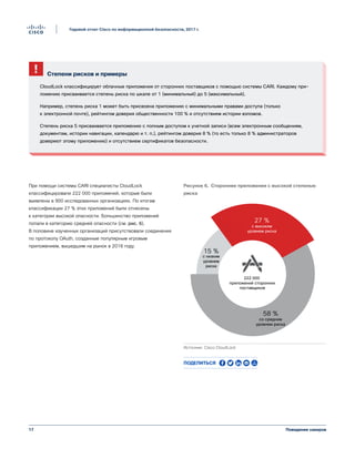 17
Годовой отчет Cisco по информационной безопасности, 2017 г.
Поведение хакеров
При помощи системы CARI специалисты CloudLock
классифицировали 222 000 приложений, которые были
выявлены в 900 исследованных организациях. По итогам
классификации 27 % этих приложений были отнесены
к категории высокой опасности. Большинство приложений
попали в категорию средней опасности (см. рис. 6).
В половине изученных организаций присутствовали соединения
по протоколу OAuth, созданные популярным игровым
приложением, вышедшим на рынок в 2016 году.
Степени рисков и примеры
CloudLock классифицирует облачные приложения от сторонних поставщиков с помощью системы CARI. Каждому при-
ложению присваивается степень риска по шкале от 1 (минимальный) до 5 (максимальный).
Например, степень риска 1 может быть присвоена приложению с минимальными правами доступа (только
к электронной почте), рейтингом доверия общественности 100 % и отсутствием истории взломов.
Степень риска 5 присваивается приложению с полным доступом к учетной записи (всем электронным сообщениям,
документам, истории навигации, календарю и т. п.), рейтингом доверия 8 % (то есть только 8 % администраторов
доверяют этому приложению) и отсутствием сертификатов безопасности.
27 %
с высоким
уровнем риска
15 %
с низким
уровнем
риска
Рисунок 6. Приложения сторонних поставщиков
Высокий уровень риска
Источник: Cisco CloudLock
58 %
со средним
уровнем риска
222 000
приложений сторонних
поставщиков
Рисунок 6. Сторонние приложения с высокой степенью
риска
Поделиться
 
