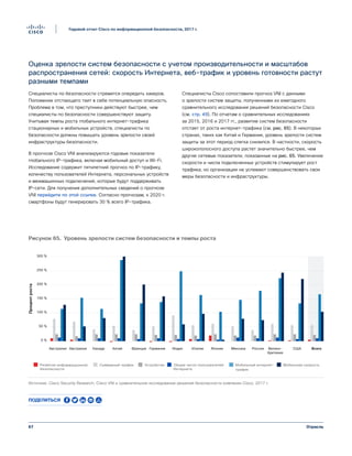 67
Годовой отчет Cisco по информационной безопасности, 2017 г.
Отрасль
Оценка зрелости систем безопасности с учетом производительности и масштабов
распространения сетей: скорость Интернета, веб-трафик и уровень готовности растут
разными темпами
Специалисты по безопасности стремятся опередить хакеров.
Положение отстающего таит в себе потенциальную опасность.
Проблема в том, что преступники действуют быстрее, чем
специалисты по безопасности совершенствуют защиту.
Учитывая темпы роста глобального интернет-трафика
стационарных и мобильных устройств, специалисты по
безопасности должны повышать уровень зрелости своей
инфраструктуры безопасности.
В прогнозе Cisco VNI анализируются годовые показатели
глобального IP-трафика, включая мобильный доступ и Wi-Fi.
Исследование содержит пятилетний прогноз по IP-трафику,
количеству пользователей Интернета, персональных устройств
и межмашинных подключений, которые будут поддерживать
IP-сети. Для получения дополнительных сведений о прогнозе
VNI перейдите по этой ссылке. Согласно прогнозам, к 2020 г.
смартфоны будут генерировать 30 % всего IP-трафика.
Специалисты Cisco сопоставили прогноз VNI с данными
о зрелости систем защиты, полученными из ежегодного
сравнительного исследования решений безопасности Cisco
(см. стр. 49). По отчетам о сравнительных исследованиях
за 2015, 2016 и 2017 гг., развитие систем безопасности
отстает от роста интернет-трафика (см. рис. 65). В некоторых
странах, таких как Китай и Германия, уровень зрелости систем
защиты за этот период слегка снизился. В частности, скорость
широкополосного доступа растет значительно быстрее, чем
другие сетевые показатели, показанные на рис. 65. Увеличение
скорости и числа подключенных устройств стимулирует рост
трафика, но организации не успевают совершенствовать свои
меры безопасности и инфраструктуры.
0 %
100 %
50 %
150 %
200 %
250 %
300 %
Процентроста
Австралия Австралия Канада Китай Франция Германия Индия Италия Япония Мексика Россия Велико-
британия
США Всего
Развитие информационной
безопасности
Суммарный трафик Устройства Общее число пользователей
Интернета
Мобильный интернет-
трафик
Мобильная скорость
Figure 65 Maturité des systèmes de sécurité et taux de croissance
Источник: Cisco Security Research, Cisco VNI и сравнительное исследование решений безопасности компании Cisco, 2017 г.
Рисунок 65. Уровень зрелости систем безопасности и темпы роста
Поделиться
 