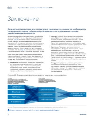 71
Годовой отчет Cisco по информационной безопасности, 2017 г.
Заключение
Заключение
Когда количество векторов атак стремительно увеличивается, появляется необходимость
в комплексном подходе к обеспечению безопасности на основе единой системы
взаимосвязанных компонентов
Проанализировав результаты сравнительного исследования
возможностей обеспечения информационной безопасности
Cisco (см. стр. 49), мы смогли выявить модели и решения,
которые помогают организациям минимизировать угрозы
безопасности. Это позволило нам понять, как инвестировать
в безопасность, чтобы существенно уменьшить уязвимость
компаний. Оценка риска выполнялась на основе анализа
продолжительности сбоев и процентной доли отказавших
систем (см. рис. 53 на стр. 55, где представлена информация
о продолжительности сбоев и количестве затронутых систем).
Чтобы понять, как создать эффективную систему защиты
от угроз, необходимо определить, какие факторы влияют на
возможность предотвращения, выявления и снижения риска
(см. рис. 68). Рассмотрим эти факторы подробнее.
●● Руководство. Безопасность должна быть приоритетом
для высшего руководства компании. Это важно для
предотвращения атак и смягчения их последствий.
Руководители также должны использовать четкие,
проверенные показатели для оценки эффективности
программы обеспечения безопасности.
●● Политика. Политика тесно связана с нейтрализацией
угроз. Эффективное управление правами доступа
к сетям, системам, приложениям, функциям и данным
минимизирует ущерб от нарушений безопасности.
Кроме того, тенденции регулярного пересмотра методов
обеспечения безопасности помогают предотвратить атаки.
●● Протоколы. Подходящие протоколы позволяют
предотвратить и обнаружить проникновения, а также
минимизировать их последствия. В частности,
регулярный анализ подключений в сетях для проверки
работоспособности мер безопасности играет важнейшую
роль в предотвращении и уменьшении последствий атак.
Также полезно регулярно проверять и совершенствовать
практические методы защиты, соблюдая все формальные
правила.
●● Инструменты: разумное и уместное использование
инструментов способствует нейтрализации угроз.
Инструменты помогают пользователям анализировать
обстановку и сообщать об инцидентах, что очень важно
для предотвращения, обнаружения и уменьшения
последствий атак.
Figure 68 Facteurs déterminants et mesures de limitation des risques
Источник: Сравнительное исследование возможностей обеспечения информационной безопасности Cisco, 2017 г.
Меры защиты
Оценка влияния возможностей
компании в сфере предотвращения,
обнаружения и снижения последствий
инцидентов на риски
Факторы
Оценка влияния политик, руководителей,
протоколов, инструментария на возможности
компании в сфере предотвращения,
обнаружения и снижения последствий,
вызванных инцидентами
Руководители
компании
Политика
Протоколы
Инструменты
Снижение риска
до минимумаОбнаружение
Нейтрализация
Предотвращение
Рисунок 68. Определяющие факторы и средства защиты для снижения рисков
Загрузите графические материалы за 2017 г. по адресу: www.cisco.com/go/acr2017graphics
 