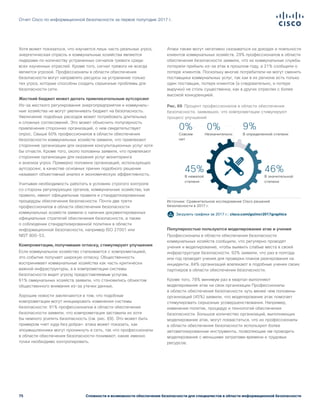 75
Отчет Cisco по информационной безопасности за первое полугодие 2017 г.
Сложности и возможности обеспечения безопасности для специалистов в области информационной безопасности
Хотя может показаться, что изучается лишь часть реальных угроз,
энергетическая отрасль и коммунальные хозяйства являются
лидерами по количеству устраненных сигналов тревоги среди
всех изученных отраслей. Кроме того, сигнал тревоги не всегда
является угрозой. Профессионалы в области обеспечения
безопасности могут направлять ресурсы на устранение только
тех угроз, которые способны создать серьезные проблемы для
безопасности сети.
Жесткий бюджет может делать привлекательным аутсорсинг
Из-за жесткого регулирования энергопредприятия и коммуналь­
ные хозяйства не могут увеличивать бюджет на безопасность.
Увеличение подобных расходов может потребовать длительных
и сложных согласований. Это может объяснить популярность
привлечения сторонних организаций, о чем свидетельствует
опрос. Свыше 60% профессионалов в области обеспечения
безопасности коммунальных хозяйств заявили, что привлекают
сторонние организации для оказания консультационных услуг хотя
бы отчасти. Кроме того, около половины заявили, что привлекают
сторонние организации для оказания услуг мониторинга
и анализа угроз. Примерно половина организаций, использующих
аутсорсинг, в качестве основных причин подобного решения
называют объективный анализ и экономическую эффективность.
Учитывая необходимость работать в условиях строгого контроля
со стороны регулирующих органов, коммунальные хозяйства, как
правило, имеют официальные правила и стандартизированные
процедуры обеспечения безопасности. Почти две трети
профессионалов в области обеспечения безопасности
коммунальных хозяйств заявили о наличии документированных
официальных стратегий обеспечения безопасности, а также
о соблюдении стандартизированной политики в области
информационной безопасности, например ISO 27001 или
NIST 800-53.
Компрометации, получившие огласку, стимулируют улучшения
Если коммунальное хозяйство сталкивается с компрометацией,
это событие получает широкую огласку. Общественность
воспринимает коммунальные хозяйства как часть критически
важной инфраструктуры, а в компрометации системы
безопасности видит угрозу предоставляемым услугам.
61% оммунальных хозяйств заявили, что становились объектом
общественного внимания из-за утечки данных.
Хорошие новости заключаются в том, что подобные
компрометации могут инициировать изменения системы
безопасности: 91% профессионалов в области обеспечения
безопасности заявили, что компрометация заставила их хотя
бы немного усилить безопасность (см. рис. 69). Это может быть
примером «нет худа без добра»: атака может показать, как
злоумышленники могут проникнуть в сеть, так что профессионалы
в области обеспечения безопасности понимают, какие именно
точки необходимо контролировать.
Атаки также могут негативно сказываться на доходах и лояльности
клиентов коммунальных хозяйств. 29% профессионалов в области
обеспечения безопасности заявили, что их коммунальные службы
потеряли прибыль из-за атак в прошлом году, а 21% сообщили о
потере клиентов. Поскольку многие потребители не могут сменить
поставщика коммунальных услуг, так как в их регионе есть только
один поставщик, потеря клиентов (а следовательно, и потеря
выручки) не столь существенна, как в других отраслях с более
высокой конкуренцией.
Рис. 69 Процент профессионалов в области обеспечения
безопасности, заявивших, что компрометации стимулируют
процесс улучшений
Источник: Сравнительное исследование Cisco решений
безопасности в 2017 г.
Незначительно
0%
В определенной степени
9%
В значительной
степени
46%
В немалой
степени
45%
Совсем
нет
0%
Figure 69 Percentage of security professionals
who say breaches drove improvements
Популярностью пользуются моделирование атак и учения
Профессионалы в области обеспечения безопасности
коммунальных хозяйств сообщили, что регулярно проводят
учения и моделирование, чтобы выявить слабые места в своей
инфраструктуре безопасности. 92% заявили, что раз в полгода
или год проводят учения для проверки планов реагирования на
инциденты. 84% организаций вовлекают в подобные учения своих
партнеров в области обеспечения безопасности.
Кроме того, 78% минимум раз в квартал выполняют
моделирование атак на свои организации Профессионалы
в области обеспечения безопасности чуть менее чем половины
организаций (45%) заявили, что моделирование атак помогает
стимулировать серьезные усовершенствования. Например,
изменения политик, процедур и технологий обеспечения
безопасности. Большое количество организаций, выполняющих
моделирование атак, могут похвастаться, что их профессионалы
в области обеспечения безопасности используют более
автоматизированные инструменты, позволяющие им проводить
моделирование с меньшими затратами времени и трудовых
ресурсов.
Загрузить графики за 2017 г.: cisco.com/go/mcr2017graphics
 