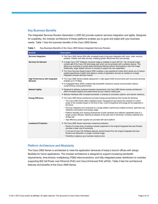 Key Business Benefits
                        The Integrated Services Routers Generation 2 (ISR G2) provide superior services integration and agility. Designed
                        for scalability, the modular architecture of these platforms enables you to grow and adapt with your business
                        needs. Table 1 lists the business benefits of the Cisco 2900 Series.

                        Table 1.       Key Business Benefits of the Cisco 2900 Series Integrated Services Routers

                         Benefits                                 Description

                         Services Integration                       ● The Cisco 2900 Series ISRs offer increased levels of services integration with voice, video, security,
                                                                      wireless, mobility, and data services, enabling greater efficiencies and cost savings.

                         Services On Demand                         ● A single Cisco IOS® Software Universal image is installed on each ISR G2. The Universal image
                                                                      contains all of the Cisco IOS technology sets which can be activated with a software license. This
                                                                      allows your business to quickly deploy advanced features without downloading a new IOS image.
                                                                      Additionally, larger default memory is included to support the new capabilities.
                                                                    ● The Cisco Services Ready Engine (SRE) enables a new operational model which allows you to reduce
                                                                      capital expenditures (CapEx) and deploy a variety of application services as needed on a single
                                                                      integrated compute services module.

                         High Performance with Integrated           ● The Cisco 2900 Series enables deployment in high speed WAN environments with concurrent services
                         Services                                     enabled up to 75 Mbps.
                                                                    ● A multigigabit fabric (MGF) enables high-bandwidth module-to-module communication without
                                                                      compromising routing performance.

                         Network Agility                            ● Designed to address customer business requirements, the Cisco 2900 Series modular architecture
                                                                      offers increased capacity and performance as your network needs grow.
                                                                    ● Modular interfaces offer increased bandwidth, a diversity of connection options, and network resiliency.

                         Energy Efficiency                          ● The Cisco 2900 Series architecture provides energy-saving features that include the following:
                                                                      ◦   The Cisco 2900 Series offers intelligent power management and allows the customer to control
                                                                          power to the modules based on the time of day. Cisco EnergyWise technology will be supported in
                                                                          the future.
                                                                      ◦   Services integration and modularity on a single platform performing multiple functions, optimizes raw
                                                                          materials consumption and energy usage.
                                                                      ◦   Platform flexibility and ongoing development of both hardware and software capabilities lead to a
                                                                          longer product lifecycle, lowering all aspects of the total cost of ownership, including materials and
                                                                          energy use.
                                                                      ◦   High efficiency power supplies are provided with each platform.

                         Investment Protection                      ● The Cisco 2900 Series maximizes investment protection:
                                                                      ◦   Reuse of a broad array of existing modules supported on the original Integrated Services Routers
                                                                          provides a lower cost of ownership.
                                                                      ◦   A rich set of Cisco IOS Software features carried forward from the original Integrated Services
                                                                          Routers and delivered in a single universal image.
                                                                      ◦   Flexibility to adapt as your business needs evolve.




                        Platform Architecture and Modularity
                        The Cisco 2900 Series is architected to meet the application demands of today’s branch offices with design
                        flexibility for future applications. The modular architecture is designed to support increasing bandwidth
                        requirements, time-division multiplexing (TDM) interconnections, and fully integrated power distribution to modules
                        supporting 802.3af Power over Ethernet (PoE) and Cisco Enhanced PoE (ePoE). Table 2 lists the architectural
                        features and benefits of the Cisco 2900 Series.




© 2011-2012 Cisco and/or its affiliates. All rights reserved. This document is Cisco Public Information.                                                                  Page 2 of 15
 