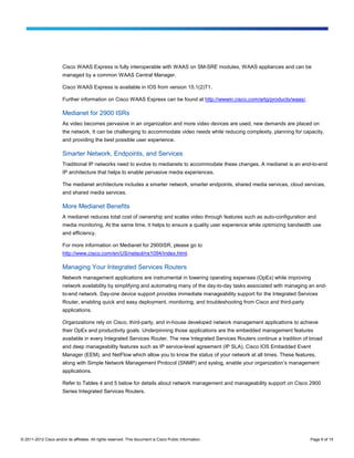 Cisco WAAS Express is fully interoperable with WAAS on SM-SRE modules, WAAS appliances and can be
                        managed by a common WAAS Central Manager.

                        Cisco WAAS Express is available in IOS from version 15.1(2)T1.

                        Further information on Cisco WAAS Express can be found at http://wwwin.cisco.com/artg/products/waas/.

                        Medianet for 2900 ISRs
                        As video becomes pervasive in an organization and more video devices are used, new demands are placed on
                        the network. It can be challenging to accommodate video needs while reducing complexity, planning for capacity,
                        and providing the best possible user experience.

                        Smarter Network, Endpoints, and Services
                        Traditional IP networks need to evolve to medianets to accommodate these changes. A medianet is an end-to-end
                        IP architecture that helps to enable pervasive media experiences.

                        The medianet architecture includes a smarter network, smarter endpoints, shared media services, cloud services,
                        and shared media services.

                        More Medianet Benefits
                        A medianet reduces total cost of ownership and scales video through features such as auto-configuration and
                        media monitoring. At the same time, it helps to ensure a quality user experience while optimizing bandwidth use
                        and efficiency.

                        For more information on Medianet for 2900ISR, please go to
                        http://www.cisco.com/en/US/netsol/ns1094/index.html.

                        Managing Your Integrated Services Routers
                        Network management applications are instrumental in lowering operating expenses (OpEx) while improving
                        network availability by simplifying and automating many of the day-to-day tasks associated with managing an end-
                        to-end network. Day-one device support provides immediate manageability support for the Integrated Services
                        Router, enabling quick and easy deployment, monitoring, and troubleshooting from Cisco and third-party
                        applications.

                        Organizations rely on Cisco, third-party, and in-house developed network management applications to achieve
                        their OpEx and productivity goals. Underpinning those applications are the embedded management features
                        available in every Integrated Services Router. The new Integrated Services Routers continue a tradition of broad
                        and deep manageability features such as IP service-level agreement (IP SLA), Cisco IOS Embedded Event
                        Manager (EEM), and NetFlow which allow you to know the status of your network at all times. These features,
                        along with Simple Network Management Protocol (SNMP) and syslog, enable your organization’s management
                        applications.

                        Refer to Tables 4 and 5 below for details about network management and manageability support on Cisco 2900
                        Series Integrated Services Routers.




© 2011-2012 Cisco and/or its affiliates. All rights reserved. This document is Cisco Public Information.                          Page 9 of 15
 