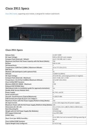 Cisco 2911 Specs
Cisco 2911 router, supporting voice module, is designed for medium-sized branch.
Cisco 2911 Specs
Release Date: 13-OCT-2009
AC Input Voltage: 100 to 240 VAC auto ranging
Compact Flash (External) - Default: slot 0: 256 MB; slot 1: none
Maximum End-Point PoE Power Capacity with PoE Boost (Watts): 750
Airflow: Side to side
SFP-Based Ports: 3
Temperature: 9,843 feet (3,000m ) Maximum Altitude : 32 to 77 F (0 to 25 C)
ISM Slots: 1
Modular LAN Switchports (with optional PoE): 24
Altitude: 13,000 ft (4,000m)
DC Input Voltage: 24 to 60 Vdc, autoranging positive or negative
Compact Flash (External) - Maximum: slot 0: 4 GB; slot 1: 4 GB
Temperature: 13,123 feet (4,000m) Maximum Altitude : 32 to 86 F (0 to 30 C)
Cisco Unified SRST Sessions: 50
Memory DDR2 ECC DRAM - Maximum: 2 GB
Onboard DSP (PVDM) Slots: 2
Wall-Mount (refer to installation guide for approved orientation): Yes
Double-Wide Service Module Slots: 1
Power Supply: AC; PoE; and DC
Serial console port: 1
Acoustic: Sound Pressure (Typical/Maximum): 51.8/62.9 dBA
USB Console port (Type B) (up to 115.2 kbps) 1: 1
Maximum Power with PoE Power Supply (Platform Only) (Watts): 250
AC Input Current: 2.2 to 1.0A range (max AC power supply)
Maximum Power with DC-PoE Power Supply (Platform Only) (Watts): 140
Dimensions (H x W x D): 3.5 x 17.25 x 12 in. (88.9 x 438.2 x 304.8 mm)
Rack Mounting Kit: Included
Weight with AC PoE Power Supply (No Modules): 19 lb (8.6 kg)
RPS Support (External): Cisco RPS 2300
EHWIC Slots: 4
Short-Term (per NEBS) Humidity :
5% to 90%, but not to exceed 0.024 kg water/kg of
dry air
Cisco Unified CCME Sessions: 50
Typical Weight Fully Configured : 21 lb (9.5 kg)
 
