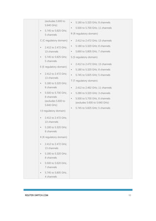 ROUTER-SWITCH.COM 10
(excludes 5.600 to
5.640 GHz)
• 5.745 to 5.825 GHz;
5 channels
C (C regulatory domain):
• 2.412 to 2.472 GHz;
13 channels
• 5.745 to 5.825 GHz;
5 channels
E (E regulatory domain):
• 2.412 to 2.472 GHz;
13 channels
• 5.180 to 5.320 GHz;
8 channels
• 5.500 to 5.700 GHz,
8 channels
(excludes 5.600 to
5.640 GHz)
I (I regulatory domain):
• 2.412 to 2.472 GHz,
13 channels
• 5.180 to 5.320 GHz;
8 channels
K (K regulatory domain):
• 2.412 to 2.472 GHz;
13 channels
• 5.180 to 5.320 GHz;
8 channels
• 5.500 to 5.620 GHz,
7 channels
• 5.745 to 5.805 GHz,
4 channels
• 5.180 to 5.320 GHz; 8 channels
• 5.500 to 5.700 GHz; 11 channels
R (R regulatory domain):
• 2.412 to 2.472 GHz; 13 channels
• 5.180 to 5.320 GHz; 8 channels
• 5,660 to 5,805 GHz, 7 channels
S (S regulatory domain):
• 2.412 to 2.472 GHz; 13 channels
• 5.180 to 5.320 GHz; 8 channels
• 5.745 to 5.825 GHz; 5 channels
T (T regulatory domain):
• 2.412 to 2.462 GHz; 11 channels
• 5.280 to 5.320 GHz; 3 channels
• 5.500 to 5.700 GHz, 8 channels
(excludes 5.600 to 5.640 GHz)
• 5.745 to 5.825 GHz; 5 channels
 