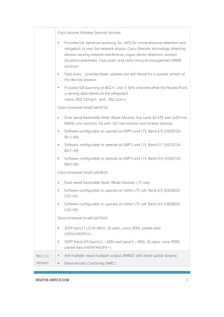 ROUTER-SWITCH.COM 7
Cisco Aironet Wireless Security Module
• Provides full-spectrum scanning for, wIPS for comprehensive detection and
mitigation of over the network attacks, Cisco CleanAir technology detecting
devices causing network interference, rogue device detection, context
(location) awareness, FastLocate, and radio resource management (RRM)
solutions
• FastLocate, provides faster updates per wifi device for a quicker refresh of
the devices location
• Provides full scanning of all 2.4- and 5-GHz channels while the Access Point
is serving data clients on the integrated
radios (802.11b/g/n and 802.11a/n)
Cisco Universal Small Cell 8718
• Dual-band Switchable Multi-Mode Module, first band for LTE with 2x50 mw
MIMO, one band for 3G with 100 mw transmit and receive diversity
• Software configurable to operate as UMTS and LTE. Band 1/3 (USC8718-
M13-K9)
• Software configurable to operate as UMTS and LTE. Band 1/7 (USC8718-
M17-K9)
• Software configurable to operate as UMTS and LTE. Band 2/4 (USC8718-
M24-K9)
Cisco Universal Small Cell 8818
• Dual-band Switchable Multi-Mode Module, LTE only
• Software configurable to operate on either LTE cell. Band 1/3 (USC8818-
C13-K9)
• Software configurable to operate on either LTE cell. Band 2/4 (USC8818-
C24-K9)
Cisco Universal Small Cell 5310
• 3GPP band 1 (2100 MHz), 16 users, voice (R99), packet data
(HSPA/HSDPA+)
• 3GPP band 2/5 (band 2 – 1930 and band 5 - 869), 16 users, voice (R99),
packet data (HSPA/HSDPA+)
802.11n
Version
• 4x4 multiple-input multiple-output (MIMO) with three spatial streams
• Maximal ratio combining (MRC)
 