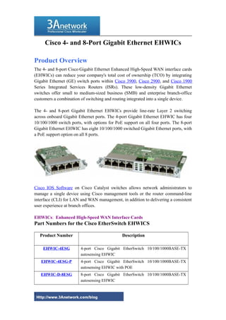 Cisco 4- and 8-Port Gigabit Ethernet EHWICs
Product Overview
The 4- and 8-port Cisco Gigabit Ethernet Enhanced High-Speed WAN interface cards
(EHWICs) can reduce your company's total cost of ownership (TCO) by integrating
Gigabit Ethernet (GE) switch ports within Cisco 3900, Cisco 2900, and Cisco 1900
Series Integrated Services Routers (ISRs). These low-density Gigabit Ethernet
switches offer small to medium-sized business (SMB) and enterprise branch-office
customers a combination of switching and routing integrated into a single device.
The 4- and 8-port Gigabit Ethernet EHWICs provide line-rate Layer 2 switching
across onboard Gigabit Ethernet ports. The 4-port Gigabit Ethernet EHWIC has four
10/100/1000 switch ports, with options for PoE support on all four ports. The 8-port
Gigabit Ethernet EHWIC has eight 10/100/1000 switched Gigabit Ethernet ports, with
a PoE support option on all 8 ports.
Cisco IOS Software on Cisco Catalyst switches allows network administrators to
manage a single device using Cisco management tools or the router command-line
interface (CLI) for LAN and WAN management, in addition to delivering a consistent
user experience at branch offices.
EHWICs: Enhanced High-Speed WAN Interface Cards
Part Numbers for the Cisco EtherSwitch EHWICS
Product Number Description
EHWIC-4ESG 4-port Cisco Gigabit EtherSwitch 10/100/1000BASE-TX
autosensing EHWIC
EHWIC-4ESG-P 4-port Cisco Gigabit EtherSwitch 10/100/1000BASE-TX
autosensing EHWIC with POE
EHWIC-D-8ESG 8-port Cisco Gigabit EtherSwitch 10/100/1000BASE-TX
autosensing EHWIC
1
 