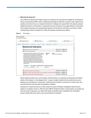 © 2016 Cisco and/or its affiliates. All rights reserved. This document is Cisco Public Information. Page 5 of 10
● What did the threat do?
Cisco AMP for Endpoints File Analysis (Figure 4), backed by the Talos Security Intelligence and Research
Group and powered by AMP’s built-in sandboxing technology (Threat Grid), provides a safe, highly secure
sandbox environment for you to analyze the behavior of malware and suspect files. File analysis produces
detailed information on file behavior, including the severity of behaviors, the original filename, screenshots
of the malware executing, and sample packet captures. Armed with this information, you’ll have a better
understanding of what is necessary to contain the outbreak and block future attacks.
Figure 4. File Analysis
Device trajectory further aids a quick analysis of threat activity on a computer by tracking file and network
activity at the endpoint in chronological order. You gain complete visibility into the events that occurred
leading up to and following a compromise, including parent processes, connections to remote hosts, and
unknown files that may have been downloaded by malware.
Indications of compromise (IoCs) are often subtle and require immediate investigation before they are
erased or an attacker moves on. With the Cisco AMP for Endpoints Search, security teams can quickly hunt
down the scope of exposure to an attack with simple but flexible search capabilities that immediately
present results without the need to scan and pull data from endpoints.
 