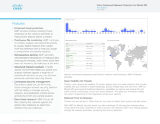 © 2016 Cisco and/or its affiliates. All rights reserved.
Ideal for distributed enterprises and small to medium-sized business, AMP for Meraki
provides:
Deep Visibility into Threats
Today’s cyber attacks are stealthy. To protect against them you need solutions that provide
visibility into your network’s threat landscape, across multiple sites and over time. AMP for
Meraki MX goes beyond traditional detection capabilities to capture and analyze file and
traffic activity continuously, across your entire network. This gives you increased visibility
into what is happening—or has happened—across your network.
Reduced Time to Detection
Threats can and will get in. When they do, you need to detect them quickly and take action.
With AMP for Meraki, security teams can take advantage of retrospective malware alerts.
These alerts will notify customers if a file is found to be malicious after it has already passed
through the network perimeter, shortening the time to detection.
Features
•	 Enhanced threat protection:
AMP provides industry-leading threat
protection at the network perimeter to
help prevent attacks before a breach.
•	 Continuous file monitoring: AMP continues
to monitor, analyze, and record file activity
to quickly detect malware that evades
front-line defenses and to help you scope
a compromise and quickly respond.
•	 Retrospective alerting: AMP will notify
administrators retroactively of malicious files
entering the network, even when those files
were not known to be malicious at the time.
•	 Advanced malware analysis: A highly
secure environment helps you launch and
analyze malware against a large set of
behavioral indicators so you can discover
previously unknown zero-day threats.
•	 Centralized security management:
The solution gives you an all-in-one,
cloud-managed network security platform
with the ability to manage security,
network, and application control across
all branches from one central location.
•	 Talos threat research: AMP checks all
files entering the network against the
global Talos database to determine
whether they are malicious.
Cisco Advanced Malware Protection for Meraki MX
At a Glance
Cisco Public
 