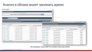 © Cisco и(или) ее аффилированные лица, 2014 г. Все права защищены. 33
Анализ в облаке может занимать время
На примере Cisco AMP for Content Security (ESA)
 