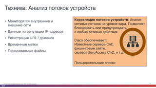 © Cisco и(или) ее аффилированные лица, 2014 г. Все права защищены. 37
Техника: Анализ потоков устройств
37
•  Мониторятся внутренние и
внешние сети
•  Данные по репутации IP-адресов
•  Регистрация URL / доменов
•  Временные метки
•  Передаваемые файлы
Корреляция потоков устройств: Анализ
сетевых потоков на уровне ядра. Позволяет
блокировать или предупреждать
о любых сетевых действия
Cisco обеспечивает:
Известные сервера CnC,
фишинговые сайты,
сервера ZeroAccess CnC, и т.д.
Пользовательские списки
 