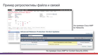 © Cisco и(или) ее аффилированные лица, 2014 г. Все права защищены. 46
Пример ретроспективы файла и связей
На примере Cisco AMP for Content Security (ESA)
На примере Cisco AMP
for Networks
 