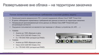 © Cisco и(или) ее аффилированные лица, 2014 г. Все права защищены. 78
Развертывание вне облака – на территории заказчика
§  Локальный анализ вредоносного ПО с полной поддержкой облака Cisco® AMP Threat Grid
§  В целях соблюдения нормативных требований все данные остаются на территории заказчика
§  Непрерывный однонаправленный поток данных из облака Cisco AMP Threat Grid для
актуализации контекста
§  Ощущения пользователя не меняются при переходе от облака к устройству (UI, API, ….)
§  TG5000:
§  Анализ до 1500 образцов в день
§  Cisco UCS C220 M3 Chasis (1U)
§  6 x 1TB SAS HDD (аппаратный RAID)
§  TG5500:
§  Анализ до 5000 образцов в день
§  Cisco UCS C220 M3 Chasis (1U)
§  6 x 1TB SAS HDD (аппаратный RAID)
Полное соответствие нормативным требованиям и высокий уровень защиты
 